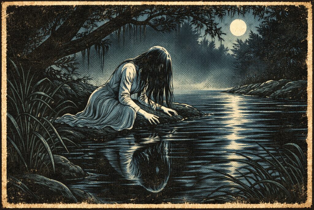 La Llorona ghost weeping by river bank