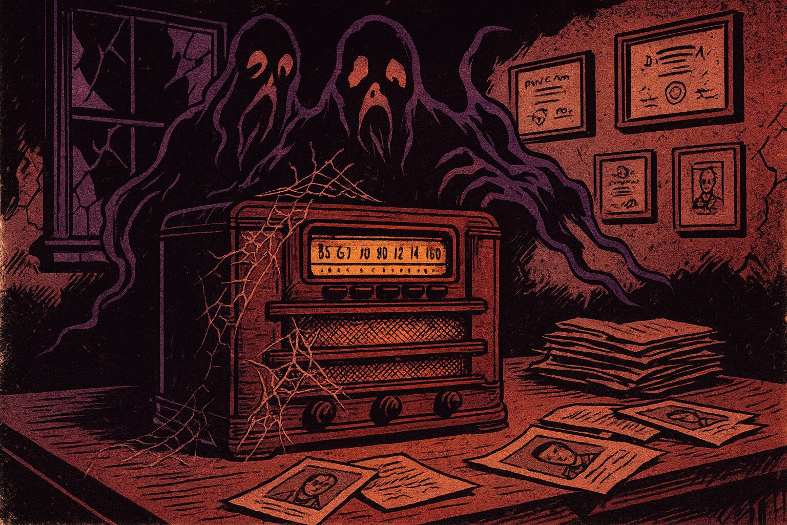 ghosts hover behind a haunted radio in a mad doctor's office with patient files strewn about